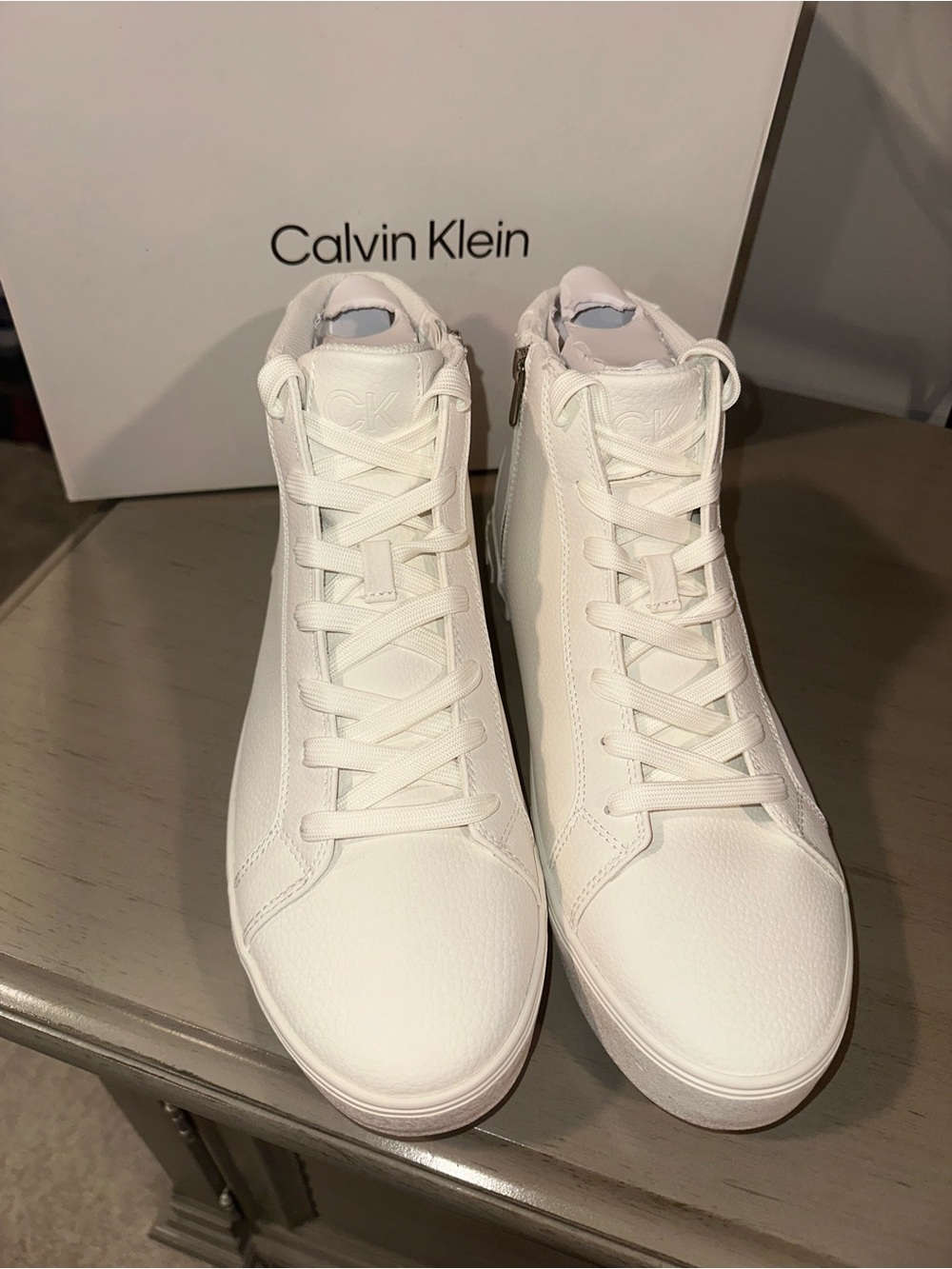 Calvin Klein Men’s White High-Top Sneakers — Textured Leather-Look